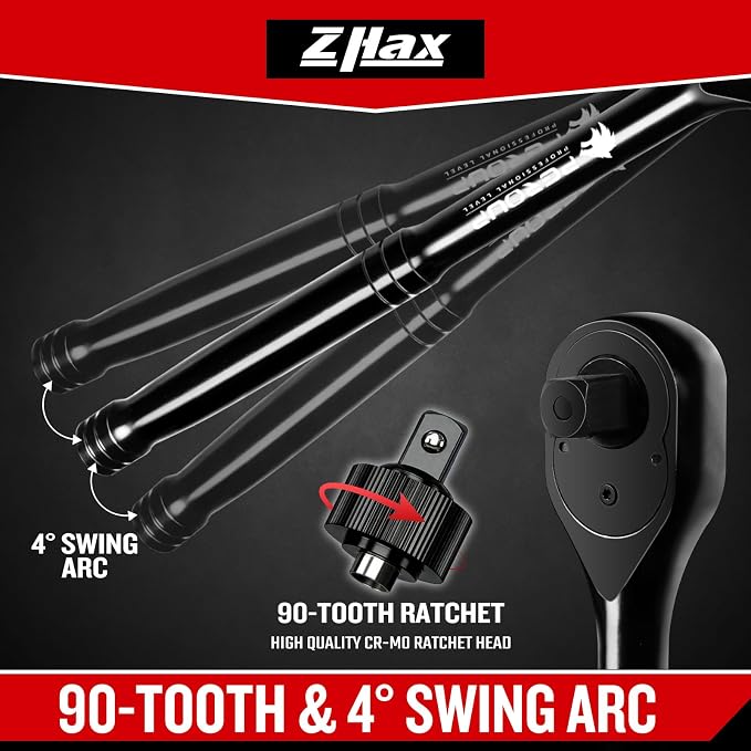 zhax 10-Piece Ratchet Set, 1/4”, 3/8”, 1/2” Drive 90-Tooth Ratchets & Accessories, Quick Release Reversible Ratchet Wrenches with Extension Bars & Socket Adapters for Repairing Home DIY