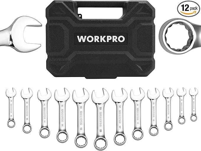WORKPRO 12PCS Stubby Combination Wrench Set with Storage Box, Metric 8-19mm | 12-Point, 72-Teeth, Cr-V Steel, HRC 50 Hardness, For Home Projects, Auto Repairs, Plumbing, Constructions, Machinery