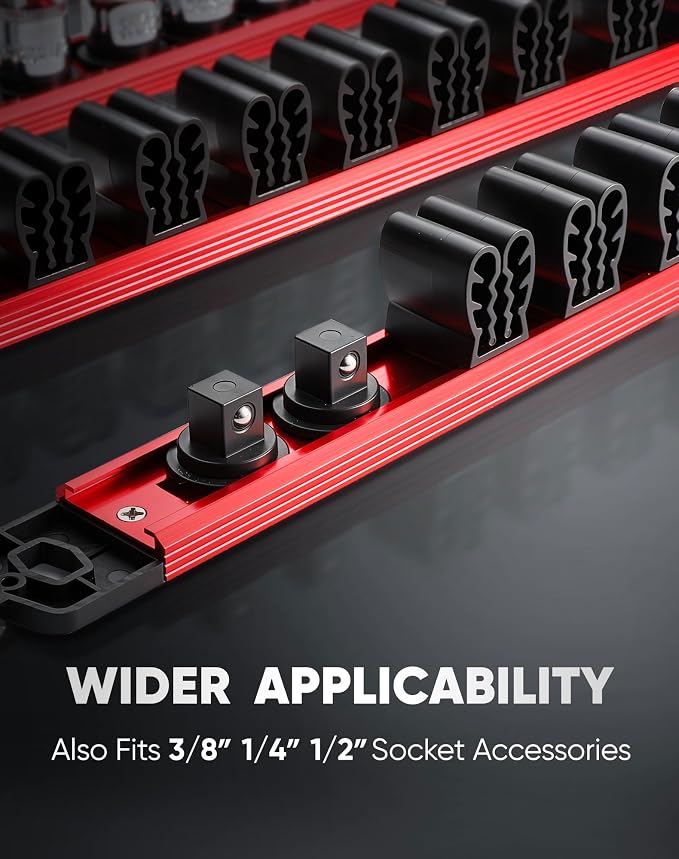 ALOANES 6PC Magnetic Tool Organizer Set - 36 Slot Screwdriver Holder & 42 Clip 3/8" Socket Rail, Heavy Duty Aluminum for Toolbox & Pegboard (Red)