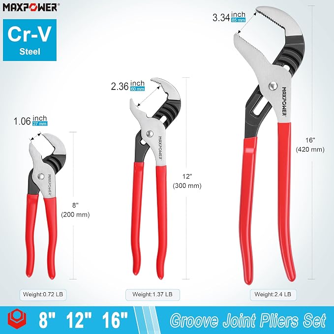 MAXPOWER 8 12 16-inch Groove Joint Pliers, Quick Adjustment Pliers Set | Jaw Capacity 1.06" 2.36" 3.34", Rubber Handle, Forged Alloy Steel