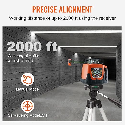 VEVOR Rotary Laser Level 2000ft,360 Degree Self Leveling Green Cross Line Laser,5 Rotation Speeds&4 Scanning Angles Adjustment,IP66 Waterproof Remote Control Manual Self-leveling Mode,Battery Included