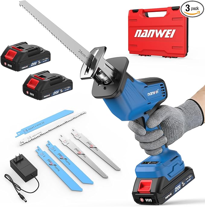 NANWEI Cordless Reciprocating Saw, 20V Brushless Motor 3500RPM Variable Speed, 2×2.0Ah Batteries, Tool-Free Blade Change, LED Light, 6 Blades, Portable for Wood/Metal/PVC Cutting (2.0Ah Batteries)
