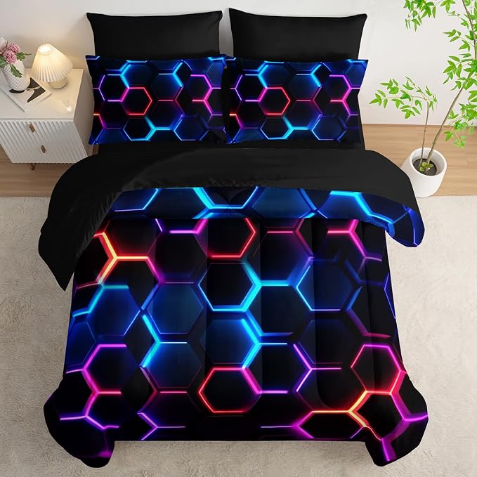 Geometric Queen Comforter Set,Colorful Neon Lights Honeycomb Bedding Set 7 Piece with Comforter Fitted Sheet Flat Sheet Pillowcases,Bed Sets Geometry Decor,Microfiber Lightweight All Season.