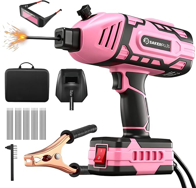 SakerPlus Portable Welding Machine, 110V Portable Welder Handheld, ARC Portable Welder with IGBT Inverter 5 Variable Current Adjustment, Helmet,Carring Case Included(Pink,25pcs 3/32" Wire Rods)