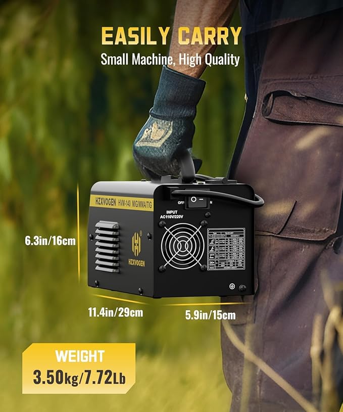 H HZXVOGEN 140A MIG Welder, 110V/220V Dual Voltage, Flux Core MIG/Lift TIG/Stick 3-in-1 Welding Machine with Synergic, IGBT Inverter, Portable Welder