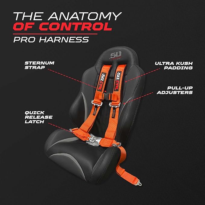 1pc 50 Cal Orange 4 Point Harness 3" straps, Racing Harness Seat Belt | Ultra Kush padding, Push Button quick release hardware. Universal Fit for UTV, RZR, race car