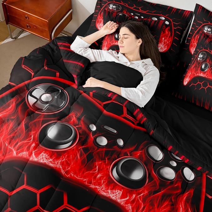 Erosebridal Boys Gaming 7 Piece Comforter Set Full Bed in a Bag Ombre Art Honeycomb Bedding Set Red Neon Lights Comforter and Sheet Set Game Console Bed Set Geometric Hexagon Beehive Gamer Room Decor