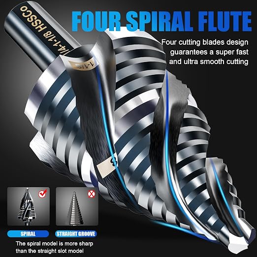 Four Spiral Flute M35 Step Drill Bit Set 1/4" - 1-1/8”(15 Sizes), 3/8" Shank for Metal Step Drill bit, Impact Resistant Cobalt Step Drill Bit, for Stainless Steel, Wood, Aluminum, Plastic