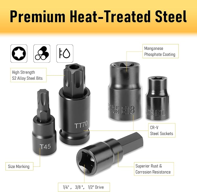 107-Piece Master Torx & Allen Bit Socket Set, 1/4" 3/8" 1/2" Drive,S2 Steel, Long Torx, Ball End Hex, Tamper-Resistant Star, E-Star Sockets, SAE & Metric (Phosphate-Black Set)