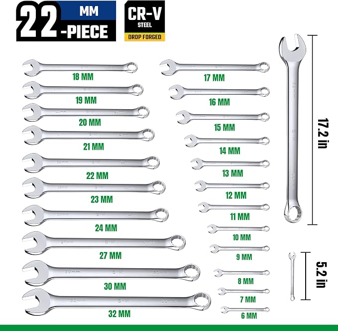 SK Combination Wrench Set, Metric 6 to 32mm, 22-Piece, Premium CR-V Steel | SuperKrome Finish, Drop Forged, 12-Point Wrenches, 15-Degree Offset, with Rolling Pouch
