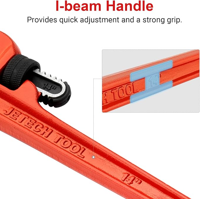 Jetech 14-inch Heavy Duty Straight Pipe Wrench, Adjustable Aluminum Plumber Wrench with Floating Hook Jaw and I-Beam Handle, Red