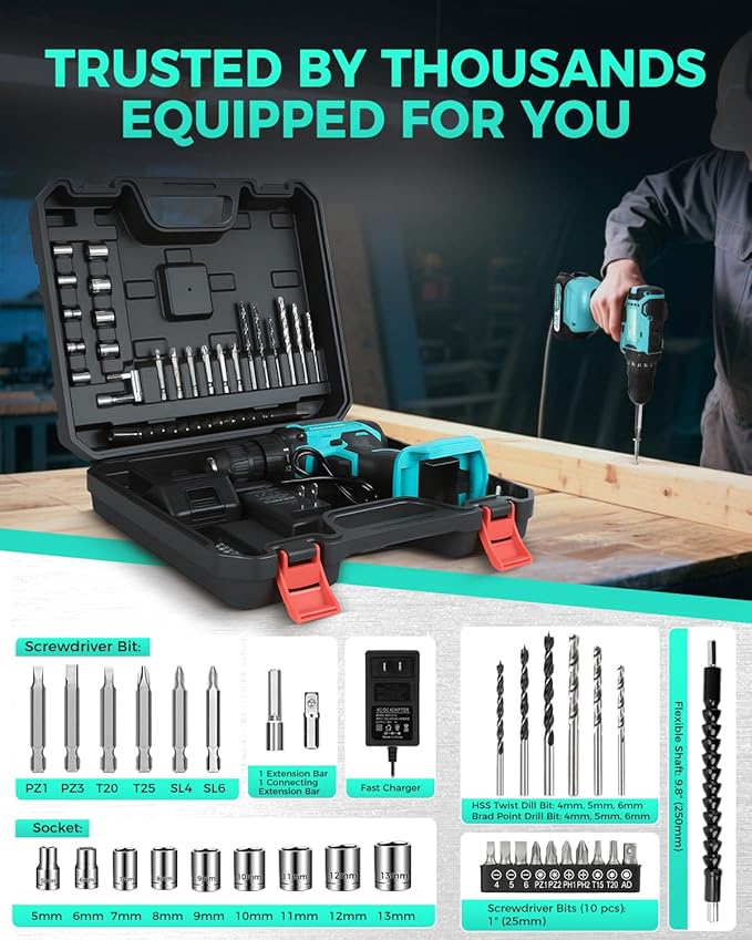COMOWARE 20V Cordless Drill, Electric Power Drill Set with 1 Battery & Charger, 3/8" Keyless Chuck, 2 Variable Speed, 266 In-lb Torque, 25+1 Position and 34pcs Power/Driver Bits