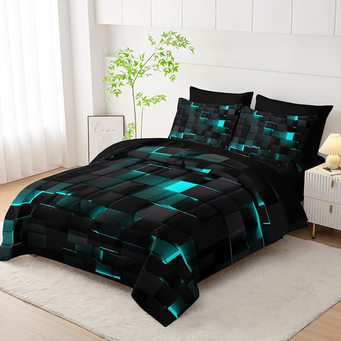 Nttopship Geometric Turquoise Black Full Comforter Set,Light Honeycomb Bedding Set 7 Piece in A Bag,Bed Sheet Set Geometry Decor,Microfiber Lightweight All Season