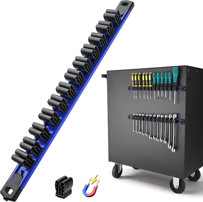 Reniteco Magnetic Screwdriver & Wrench Organizer, 12-Slot Tool Holder | Heavy-Duty Aluminum Alloy Rail Tool Holder, Flexible High-Tension Tool Clips, Magnetic Base, Tool Box Drawer or Wall Mount