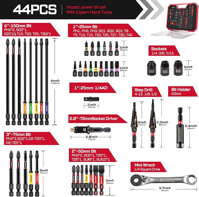 Geinxurn 44Pcs Tools Set Packaged Impact Screwdriver Bits,Ratchet Wrench, Socket Driver, Sockets, Step Drill, 1/4”Socket Adapter and Impact Bit Holder with Tool Box Storage for Home Repairs, DIY