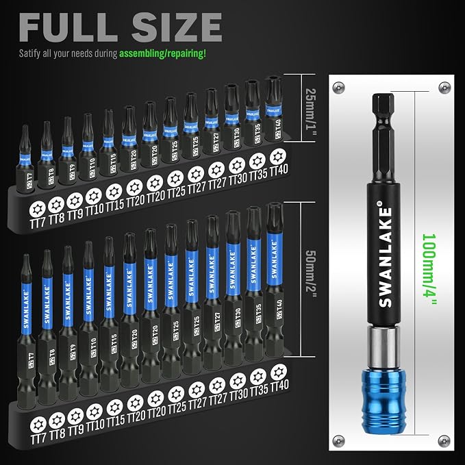 SWANLAKE Impact Torx Bit Set, 27-piece (TT7-TT40) 1''&2'' Security Tamper Proof Magnetic Screwdriver Bits, CNC Machined Tips, S2 Steel Long Torque Star Bits with 4'' Impact Bit Holder and Storage Box