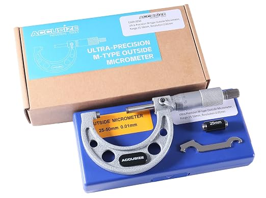 Accusize Industrial Tools Outside Micrometer, 25-50mm, EG00-0050 | 25-50mm, Ultra-Precision, Carbide Tipped, M-Type, Resolution 0.01mm, Ratchet Friction Thimble, Solid Storage Case