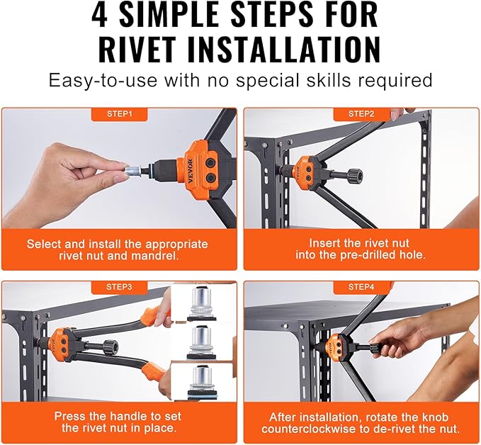 VEVOR 16" Rivet Nut Tool, Labor-Saving Rivnut Tool Kit with 13PCS Metric & SAE Mandrels, 186PCS Rivet Nuts,M3, M4, M5, M6, M8, M10, M12, 1/4-20, 5/16-18, 3/8-16,1/2-13, 8-32, 10-24 with Carrying Case