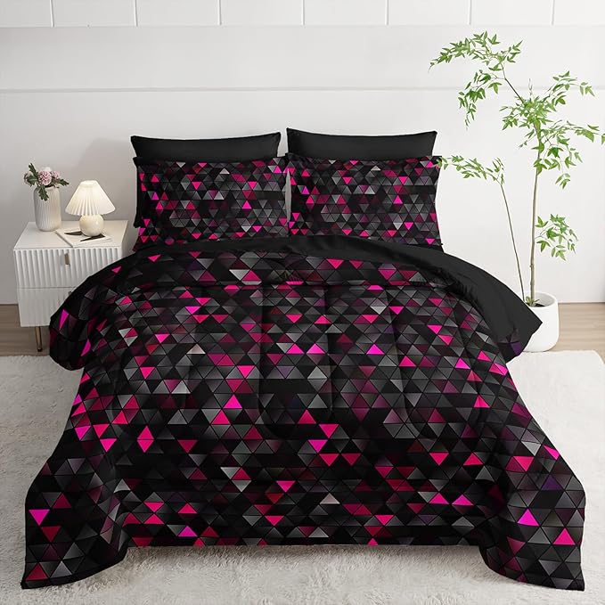Nttopship Geometric Pink Black Triangle Queen Size Comforter Set,Light Honeycomb Bedding Set 7 Piece in A Bag,Bed Sheet Set Geometry Decor,Microfiber Lightweight All Season