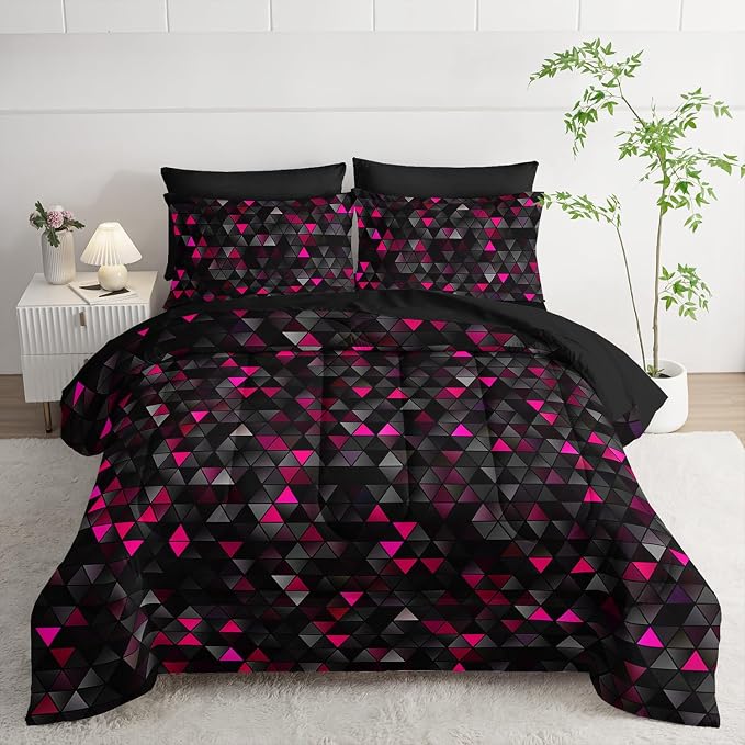 Nttopship Geometric Pink Black Triangle Twin Size Comforter Set,Light Honeycomb Bedding Set 7 Piece in A Bag,Bed Sheet Set Geometry Decor,Microfiber Lightweight All Season