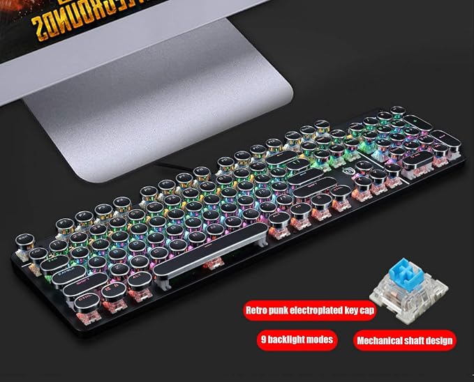 YSCP Typewriter Style Mechanical Gaming Keyboard Rainbow Backlit Wired with Blue Switch Retro Round Keycap 104 Keys Keyboard (L-Black)
