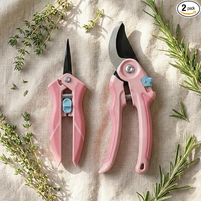 NEXON Garden Pruning Shears 2 Pack, 8" Bypass Hand Pruner & 6.25" Precision Garden Scissors, Professional Garden Clippers for Plants and Flowers Pink