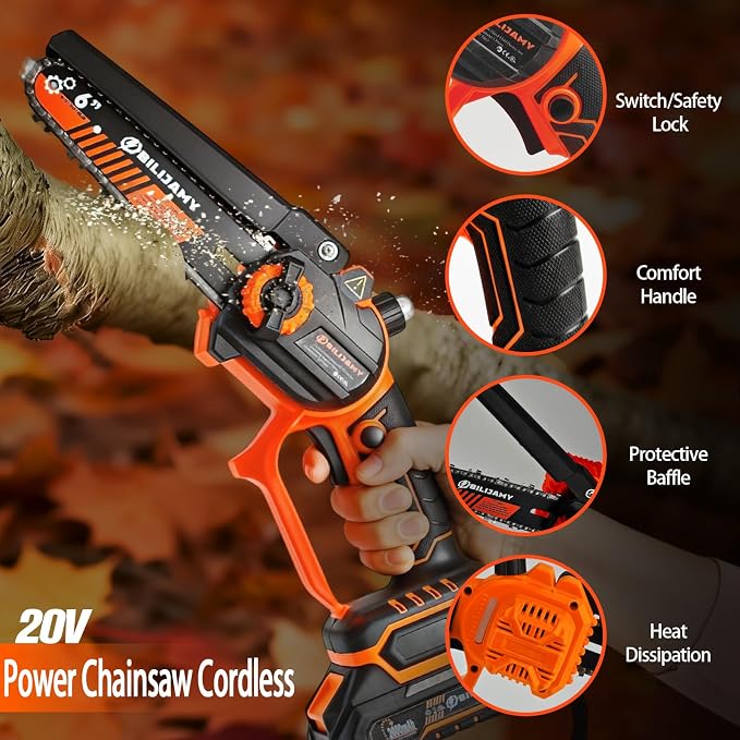 Chainsaw Cordless, 6 Inch Portable Electric Chainsaw-2.0Ah Battery | Battery Powered Handheld Power Chain Saw with Fast Charger, for Trees Branches Trimming, Wood Cutting, Courtyard, Household