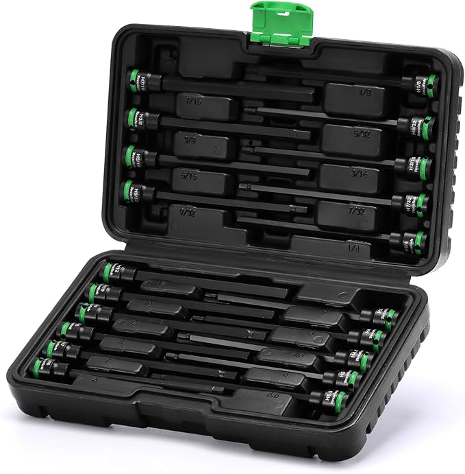 TecoTek 3/8" Drive Long Impact Hex Bit Socket Set, Allen Bit Sockets, 20PCS Allen Wrench Socket, SAE (1/8"-7/16”) and Metric (3MM-12MM), 6" Long CR-V & S2 Alloy Steel Hex Key Set