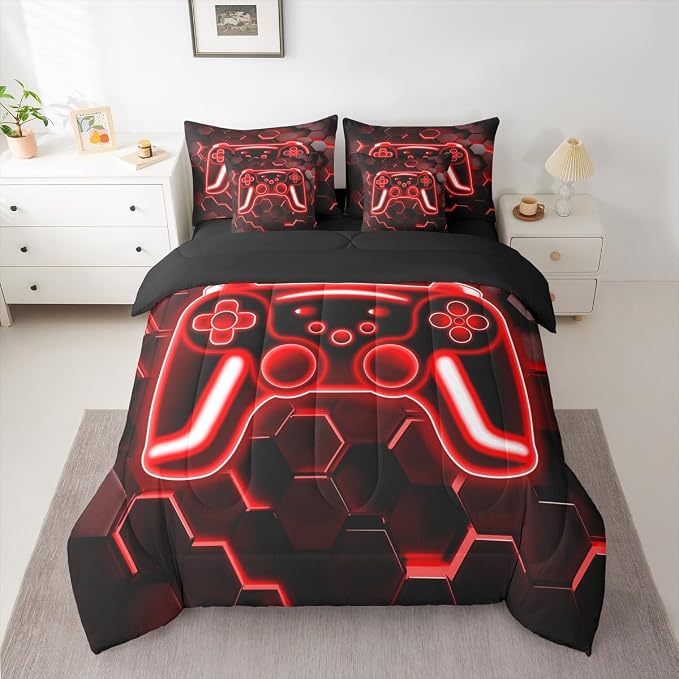 Gaming Full Size Bed Sheets and Comforter Set, Neon Honeycomb Gamer 7-Piece Bedding Set Video Game Consoles Bed in a Bag, Red Hexagon Lights Room Decor,Kids Bedroom Decor