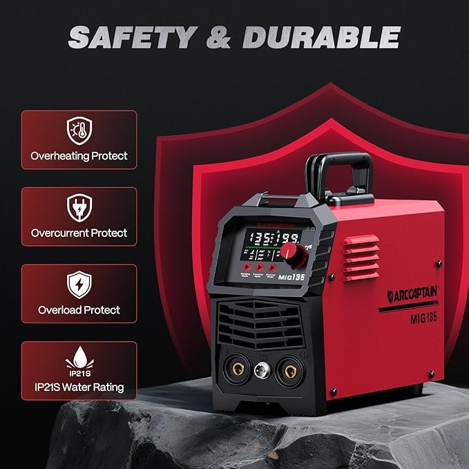 ARCCAPTAIN 135A MIG Welder [Large LED Display] 110V Welder Flux Core MIG, Lift TIG, Stick, 3 in 1 Welding Machine Gasless MIG Welder Machine 110V, IGBT Inverter Welder with Synergy, 2T/4T