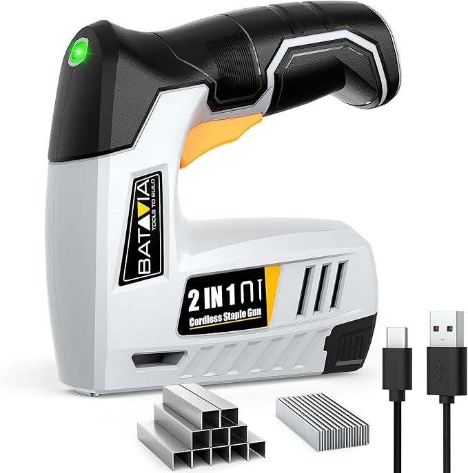 BATAVIA Electric Staple Gun, 2-in-1 Cordless Brad Nailer & Stapler Kit with 2000Pcs Nails & Staples, 4V Lithium-ion Rechargeable Nail Gun for Upholstery, Wood Working, DIY Home Projects