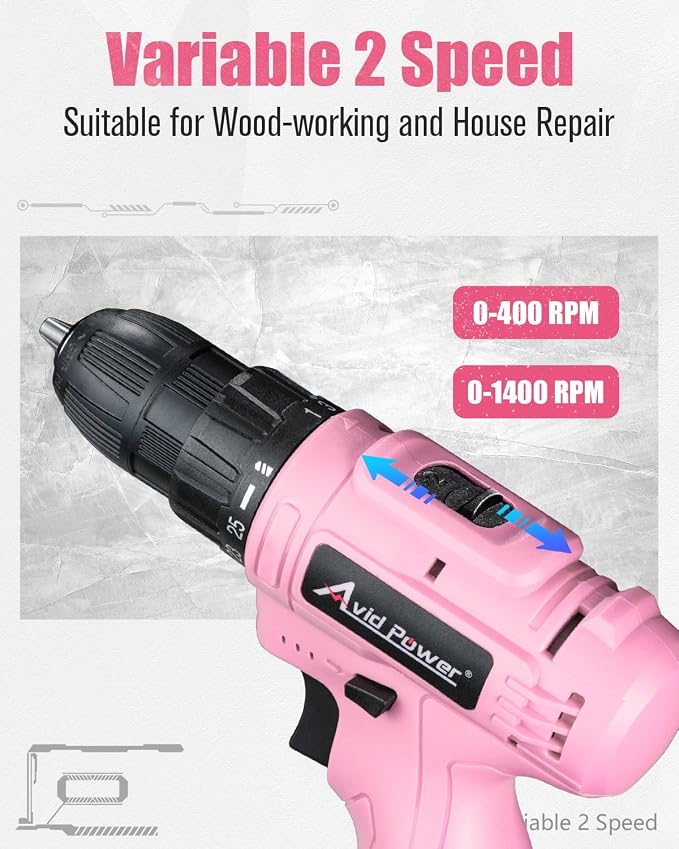 AVID POWER 12V Cordless Drill, 3/8-Inch Keyless Chuck, High-Speed 1400 RPM & 25+1 Torque Control, Electric Power Drill Kit with 21pcs Bits, Battery and Charger-Pink