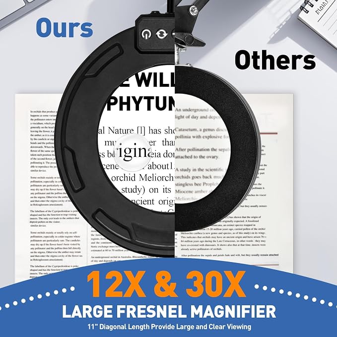 HITTI 30X & 12X Ultra Long Magnifying Glass with Light and Clamp