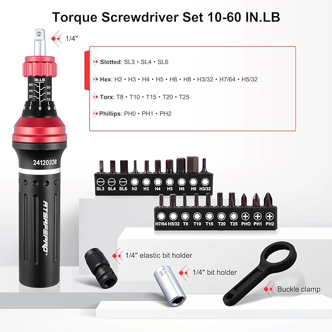 ATsafepro Torque Screwdriver 10-60 in.lb,21 Pcs Inch Pound Torque Screwdriver Set -1/4" Elastic Bit Holder and Bit Holder, Buckle Clamp, Flat, Hex, Torx, Philips, Fit for Bicycle, Tool Maintenance