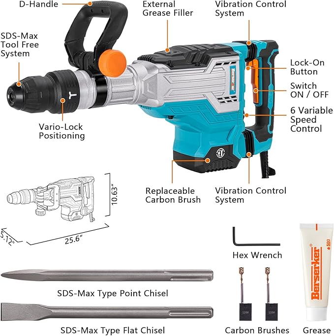Berserker 1700W 25-Pound SDS-Max Demolition Jack Hammer 65H,14-Amp Corded | Inline Medium & Heavy duty Electric Concrete/Pavement Breaker with Variable Speed,Vibration Control,Carrying Case & 2 Chisels