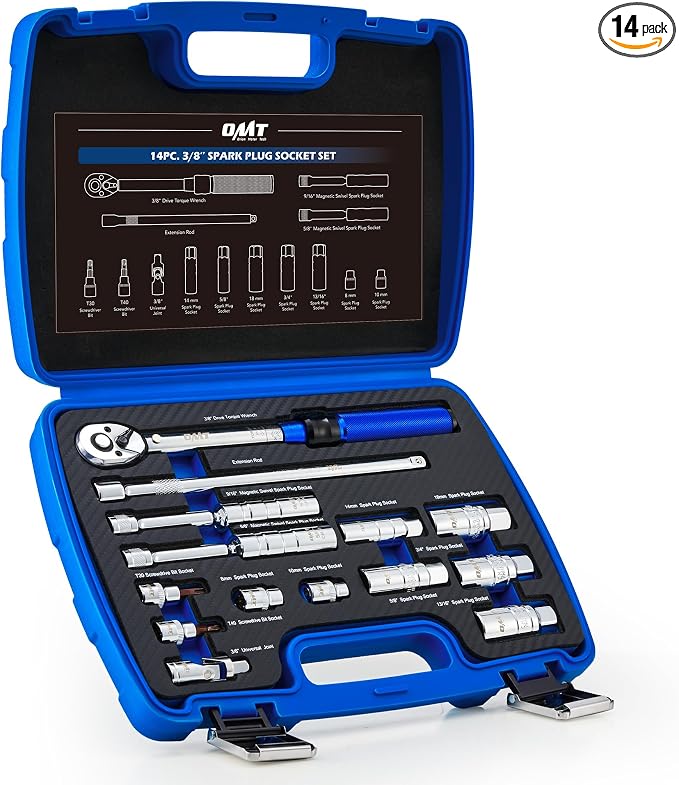 OMT 14pc Spark Plug Socket Set, 3/8" Drive 5-45 Ft.Lb Torque Wrench | 360° Magnetic Swivel Removal Tool; 72-Tooth Ratchet; 12-Point; 3% Tolerance; Torque Bits, Universal Joint, 10" Extension Bar