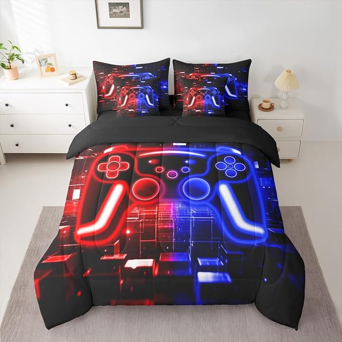 Gamer Bed in a Bag Queen Comforter Set 7 Piece, Gaming Bedding Sets Neon Lights Video Game Console Comforter and Sheet Set, Red Blue Brick Cube Room Decor,Gaming Room Decor for Boys