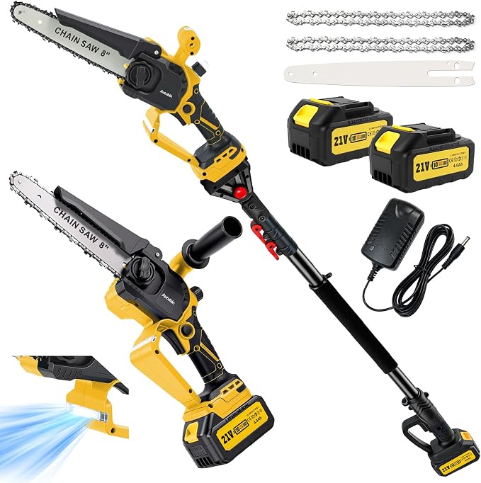 2-in-1 Cordless Pole Saw & Mini Chainsaw, 8-Inch Brushless Electric Tree Trimmer, 2 x 4.0Ah Batteries, Up to 16 Ft Reach, LED Light, Battery Powered Pole Saw for Tree Trimming & Branch Cutting