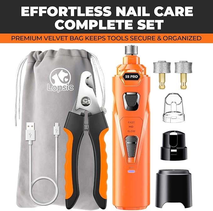Whisper Quiet Dog Nail Grinder with 4 LED Lights, Safe & Stress-Free for Sensitive Dogs of All Breeds & Sizes, 3 Grinding Bits, 3-Speed, Pet Nail Trimmers, Rechargeable Painless Grooming Kit Orange
