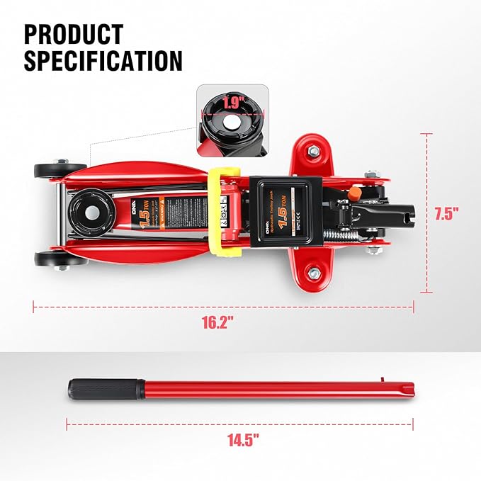 DNA Motoring 1.5 Ton Car Floor Jack Low Profile Hydraulic Trolley Service/Floor Jack, 1.5T / 3000 lbs Capacity, Lifting Range 5.3 Inch -12 Inch, with Storage Case, Red, TOOLS-00326
