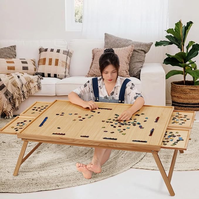 TEAKMAMA 2000Pcs Jigsaw Puzzle Table with 4 Drawers for Adults,Natural | Wooden Jigsaw Foldable Puzzle Board with legs,with Protective Cover,Multifunctional Game Table,41.3W x 27.5D