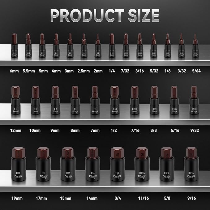 DISEN 32-Piece HEX Bit Socket Set | SAE & Metric Allen Wrench Socket Set with Enhanced Storage Case, Premium Heat Treated Chrome Vanadium Steel & S2 Alloy Steel