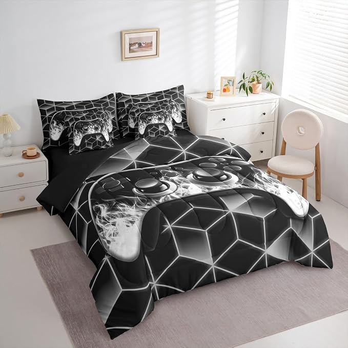 Gaming Consoles Bed in a Bag Queen Comforter Set 7 Piece,Neon Geometric Video Game Bedding Set,3D Geometric Gamer Sheet Set Grey Flame Bed Set,Gamer Decor for Boys Bedroom Decor Gamer Gifts