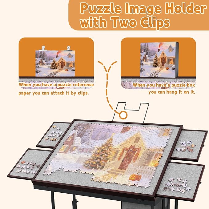 Doerpuz Jigsaw Puzzle Table with Drawers × 6,1500pcs Adjustable Height and Five up Angles Puzzle Tables for Adults with Drawers,Cover,Wheels for Indoor Game in Winter