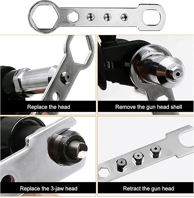 flexman Rivet Gun Adapter for Electric Drill, High Hardness Alloy Steel Electric Handle Tool with Wrench, Riveting Tool Kit for Pull Rivets