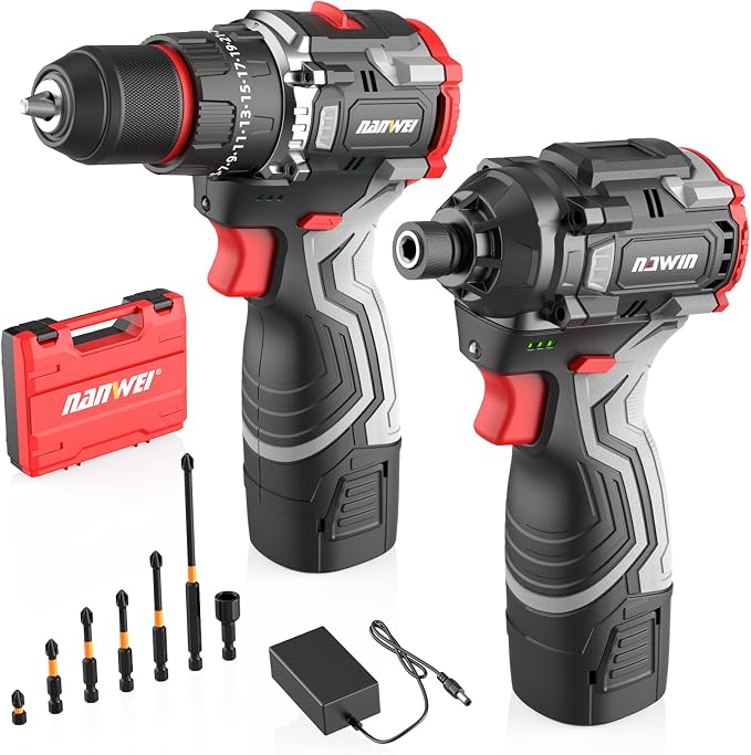 16.8V Cordless Drill & Impact Driver Combo Kit, 3/8" Drill & 1/4" Impact Driver, 2×2000mAh Batteries, for DIY Projects, Furniture Assembly & Home Repairs