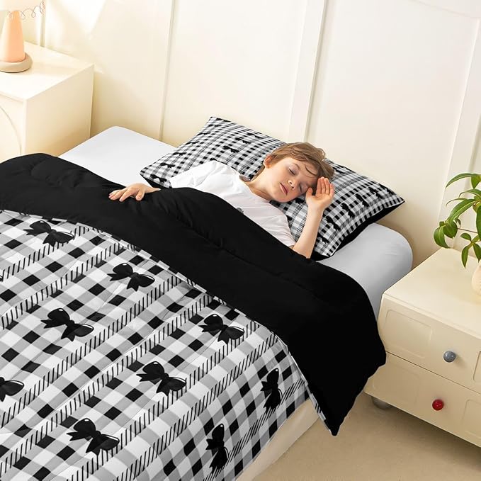 Feelyou Bow Checkered Comforter Set Twin Size Chic Grid Bowknot Bedding Set for Kids Boys Girls Girly Black Duvet Quilt Bedroom Decor Microfiber 2 Pcs with 1 Pillow Cases