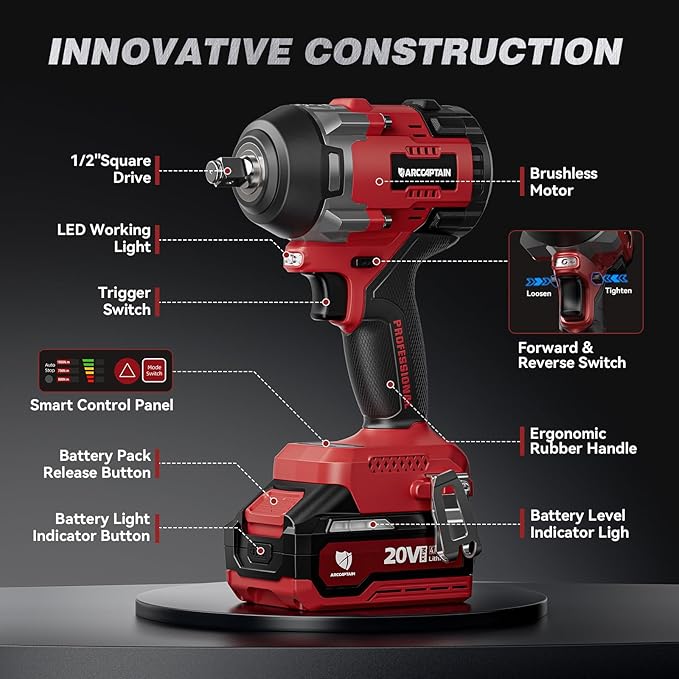 ARCCAPTAIN Cordless Impact Wrench, 1500N.m (1106Ft-lbs) 1/2" High Torque Impact Gun, 15C High-Rate 2x4.0Ah Batteries, 20V Power Impact Driver, Supports Up to 40mm Socket for Heavy Truck/Car/Pickup