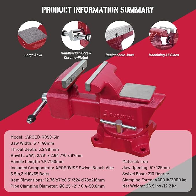 5.5"Bench Vise, 5"Jaw Opening 210° Swivel Base 3.2" Throat Depth