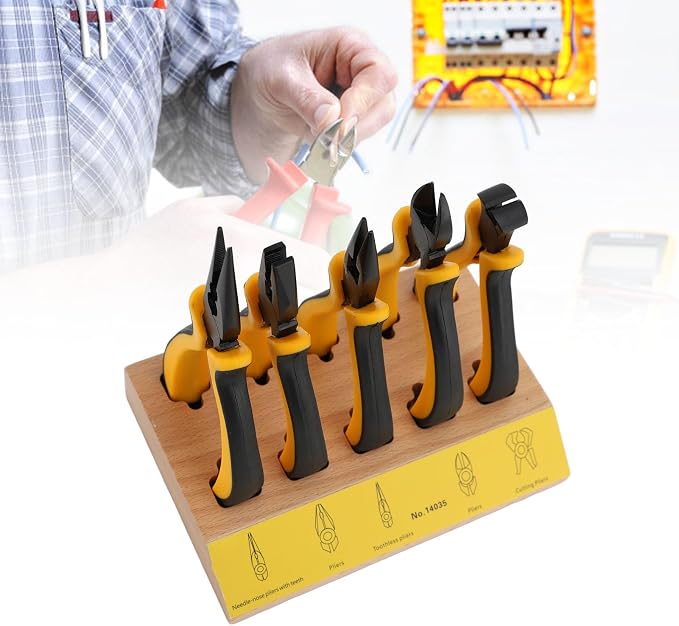 Naroote 5pcs Pliers Set with Wood Pallet, Beech and Metal Watch Repair Pliers Set, Heat Treated Blades, Effort Saving Grip, Wire Cutting for Jewelry Repair Hobby Users